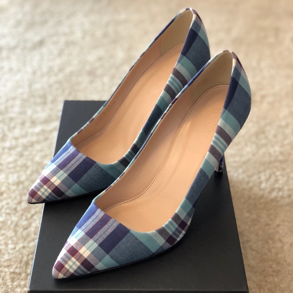 J.Crew Elsie Seafoam Navy Plaid Fabric Heel
